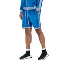 WEIV blue soft velour athletic shorts with white drawstring and Greek key pattern trim