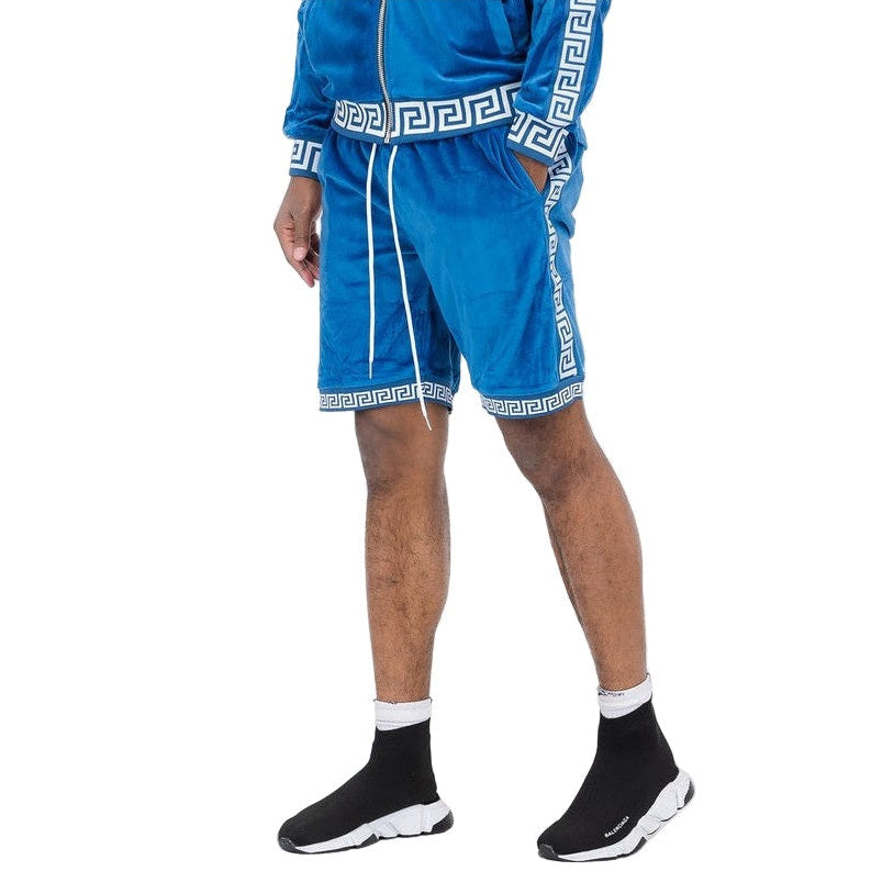 WEIV blue soft velour athletic shorts with white drawstring and Greek key pattern trim