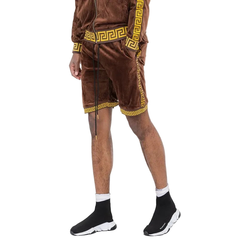 WEIV soft velour athletic shorts in brown with yellow geometric trim on a male model
