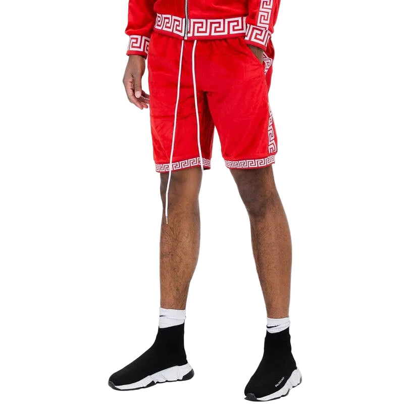 WEIV soft velour athletic shorts in red with white drawstring and side pockets for comfortable wear