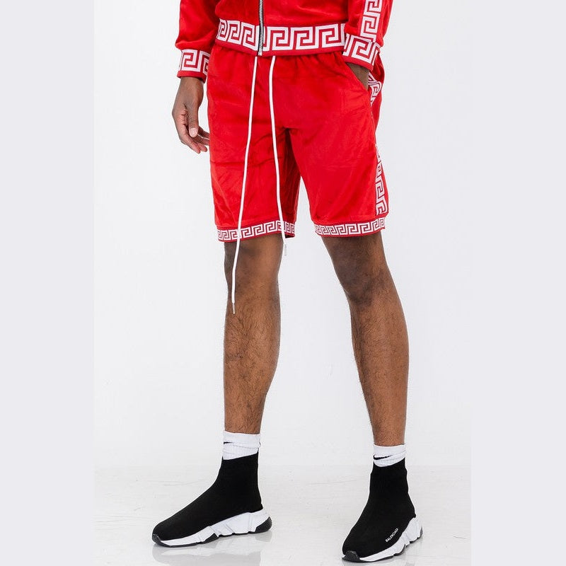 WEIV soft velour athletic shorts in red with white drawstring and side pockets for comfortable wear