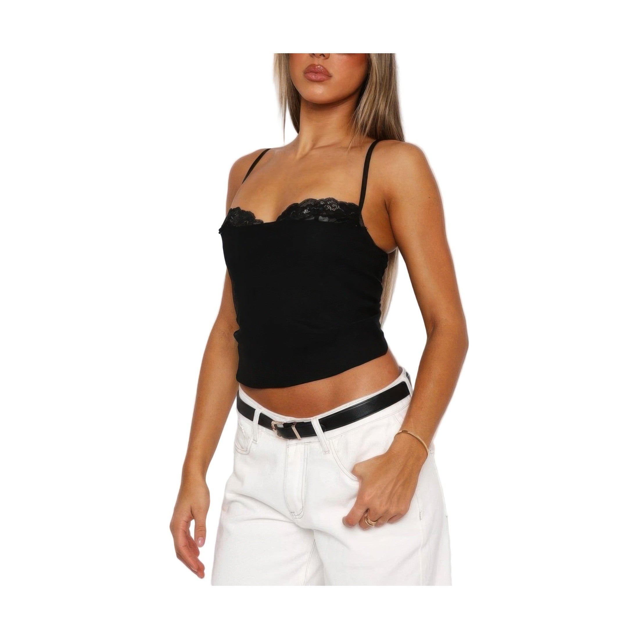Black solid back knot tank top with lace detailing, perfect for summer styling