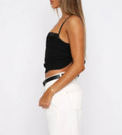 Black solid back knot tank top with lace detail, perfect for summer outfits