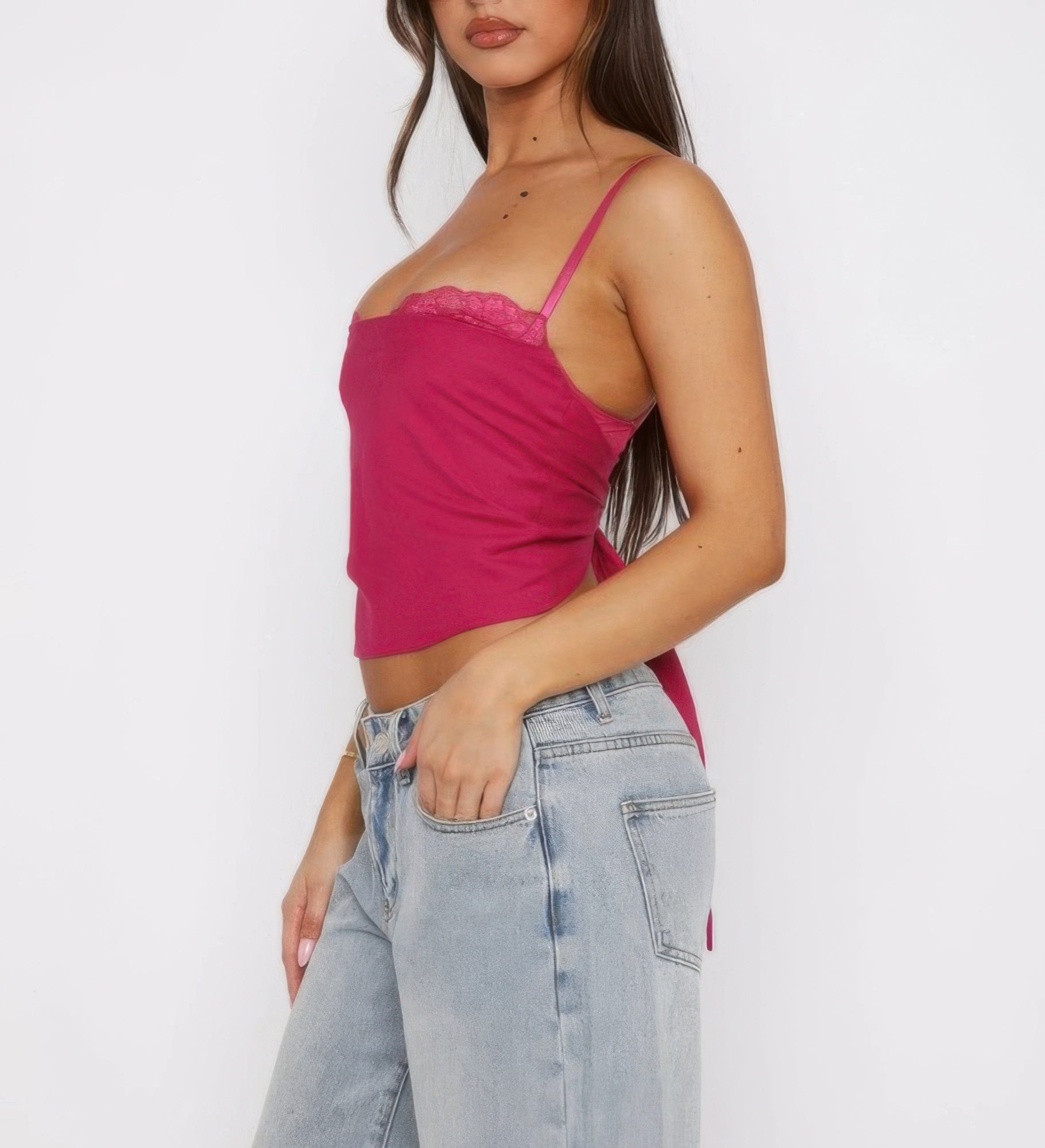 Women's Solid Back Knot Tank Top in Fuchsia with Lace Trim and Adjustable Straps