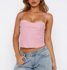 Pink solid back knot tank top with lace trim, perfect for summer casual outfits.