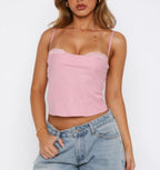 Pink solid back knot tank top with lace trim, perfect for summer casual outfits.
