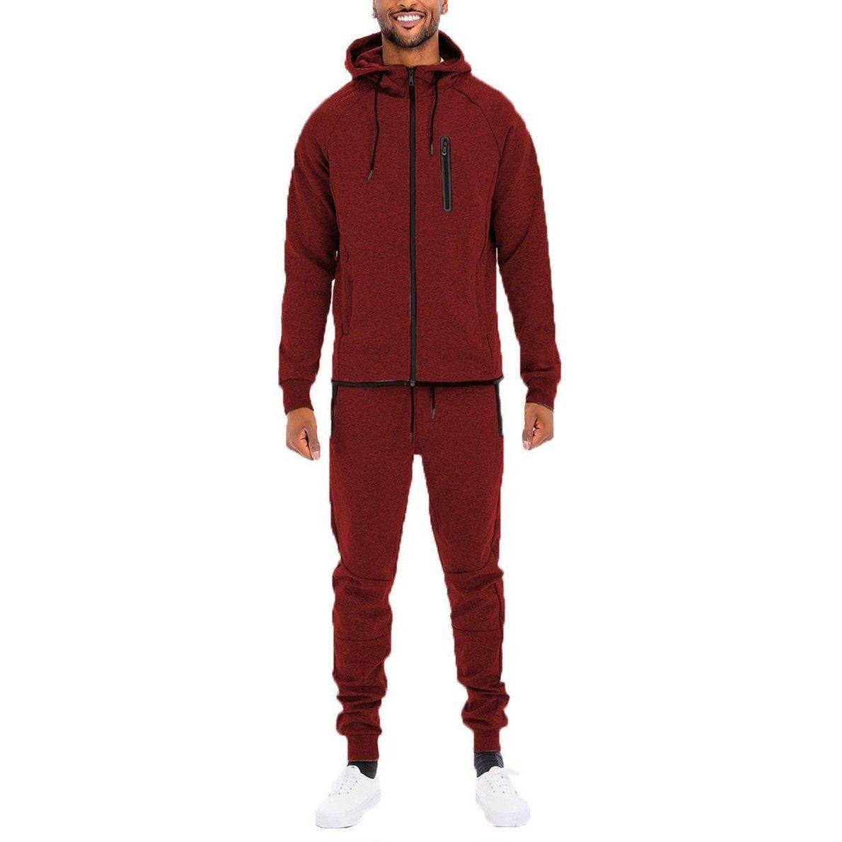 Men's 2PC solid burgundy track set with a hooded jacket and matching joggers for comfortable wear