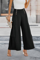VacationGrabs solid button wide leg trousers in black with stylish pockets and high waist design