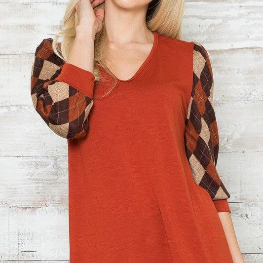 Women's Shirts Solid Checker Contrast Long Sleeve V Neck Top
