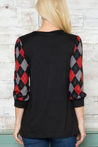Women's Shirts Solid Checker Contrast Long Sleeve V Neck Top