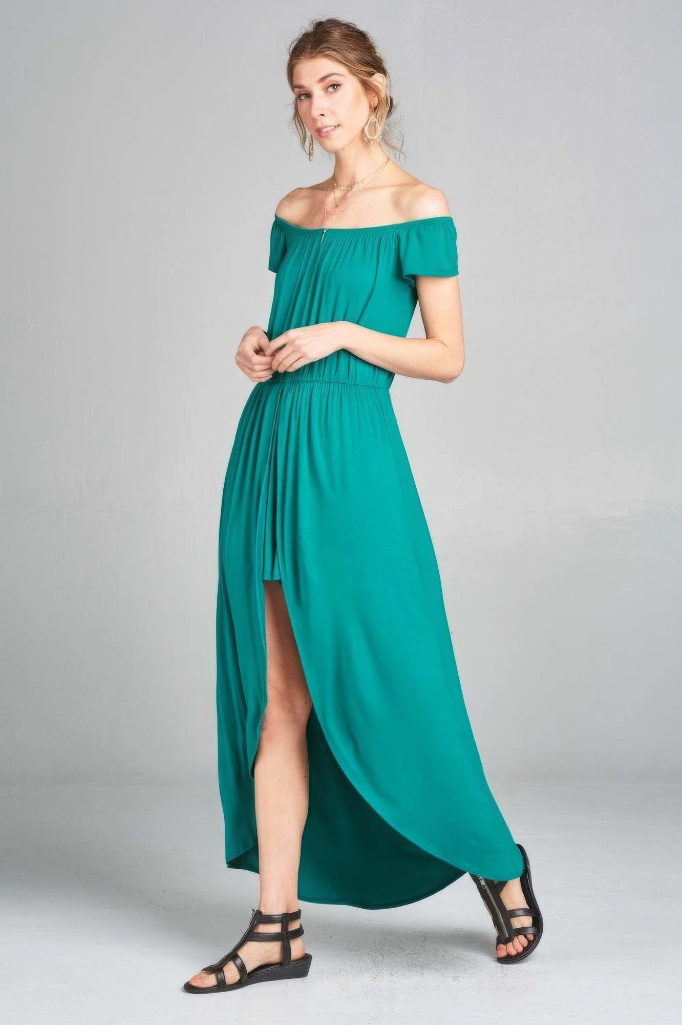 Teal solid color off shoulder dress with a flattering high slit, perfect for summer occasions