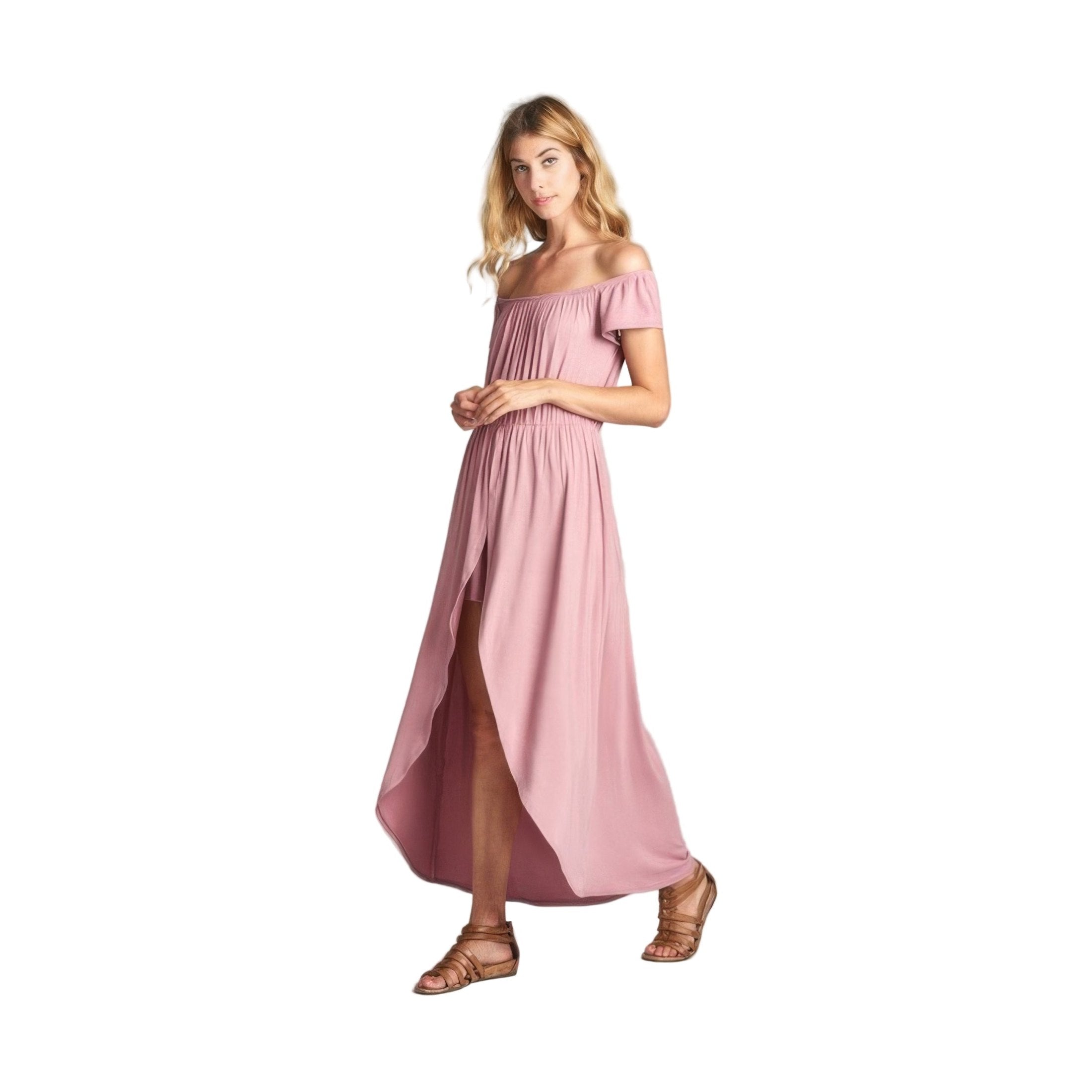 Solid color off shoulder dress in light pink with a flowy design and side slit for a stylish summer look