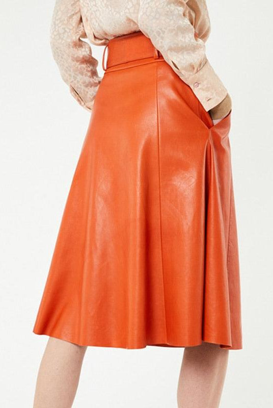 Women's Skirts Solid Color Pleated Skirts Genuine Leather w Belt Pocket