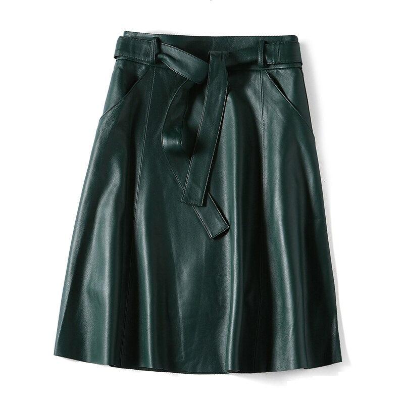 Women's Skirts Solid Color Pleated Skirts Genuine Leather w Belt Pocket