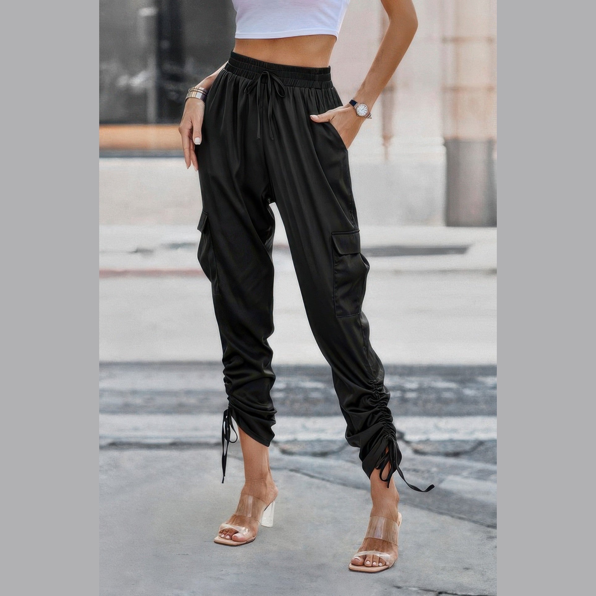 VacationGrabs black women's solid drawstring hem streetwear pants with cargo pockets and ruched ankles