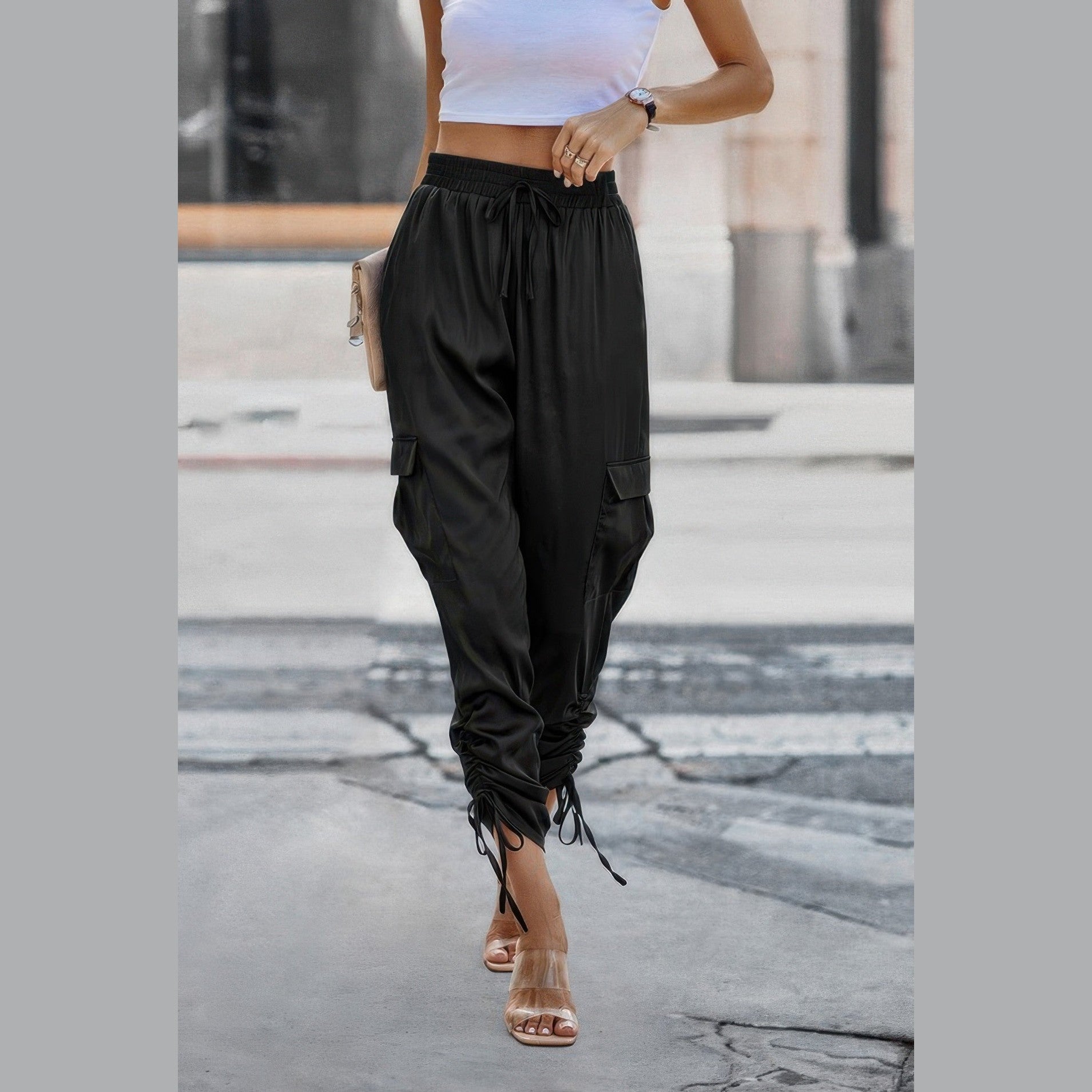 VacationGrabs women's black solid drawstring hem streetwear pants with cargo pockets and elastic waist