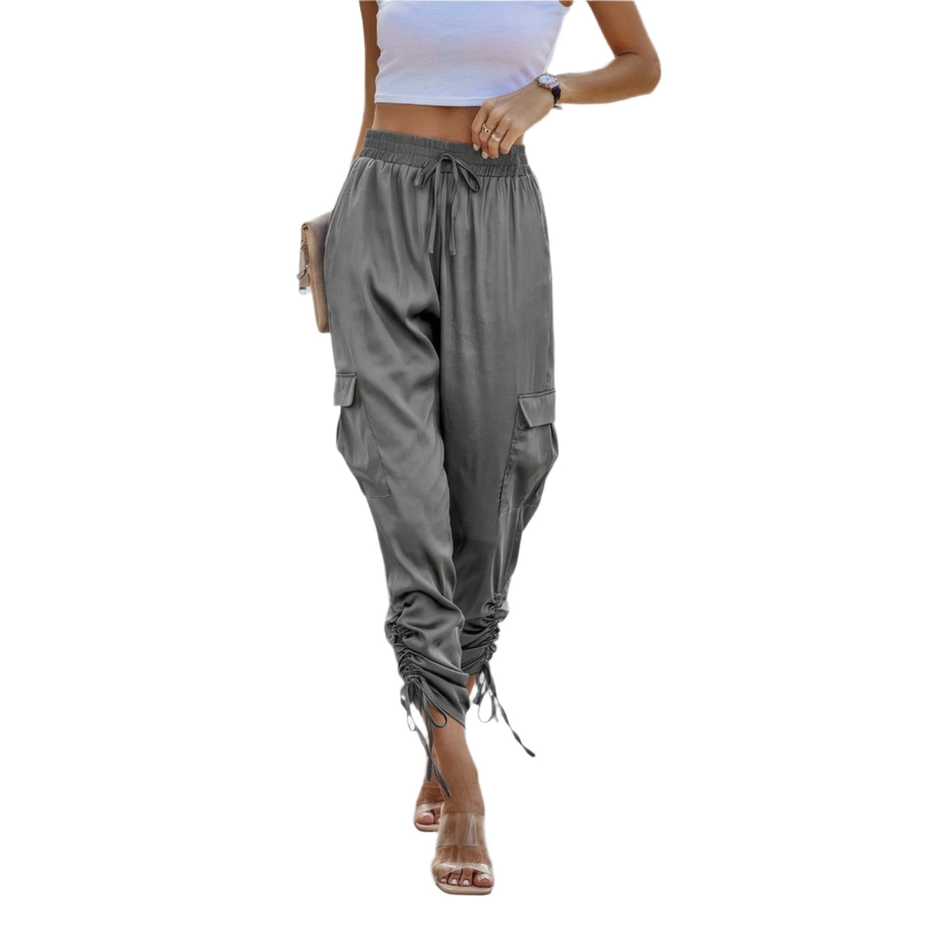 VacationGrabs women's solid drawstring hem streetwear pants in gray with cargo pockets and ruched ankles
