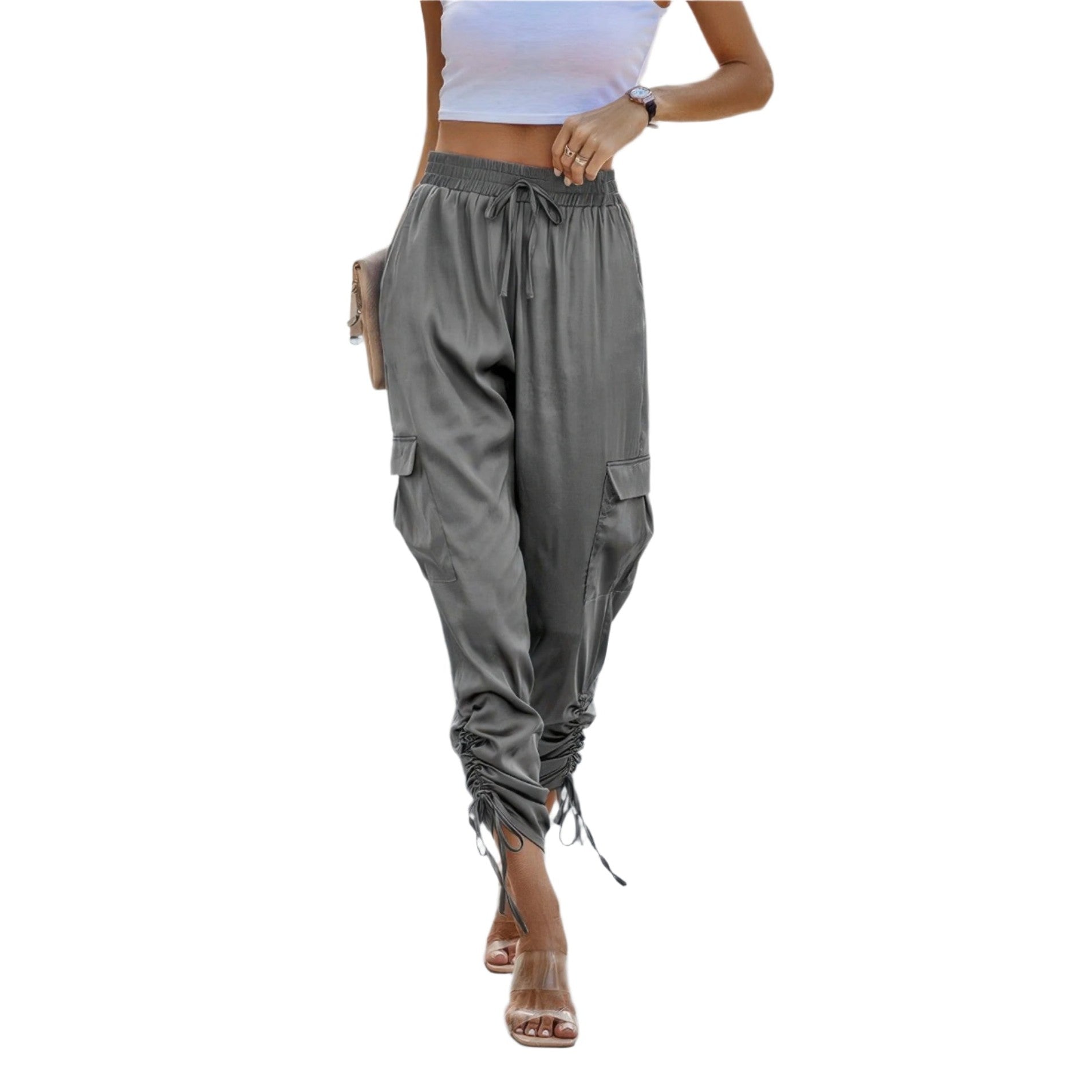 VacationGrabs women's solid drawstring hem streetwear pants in gray with cargo pockets and ruched ankles