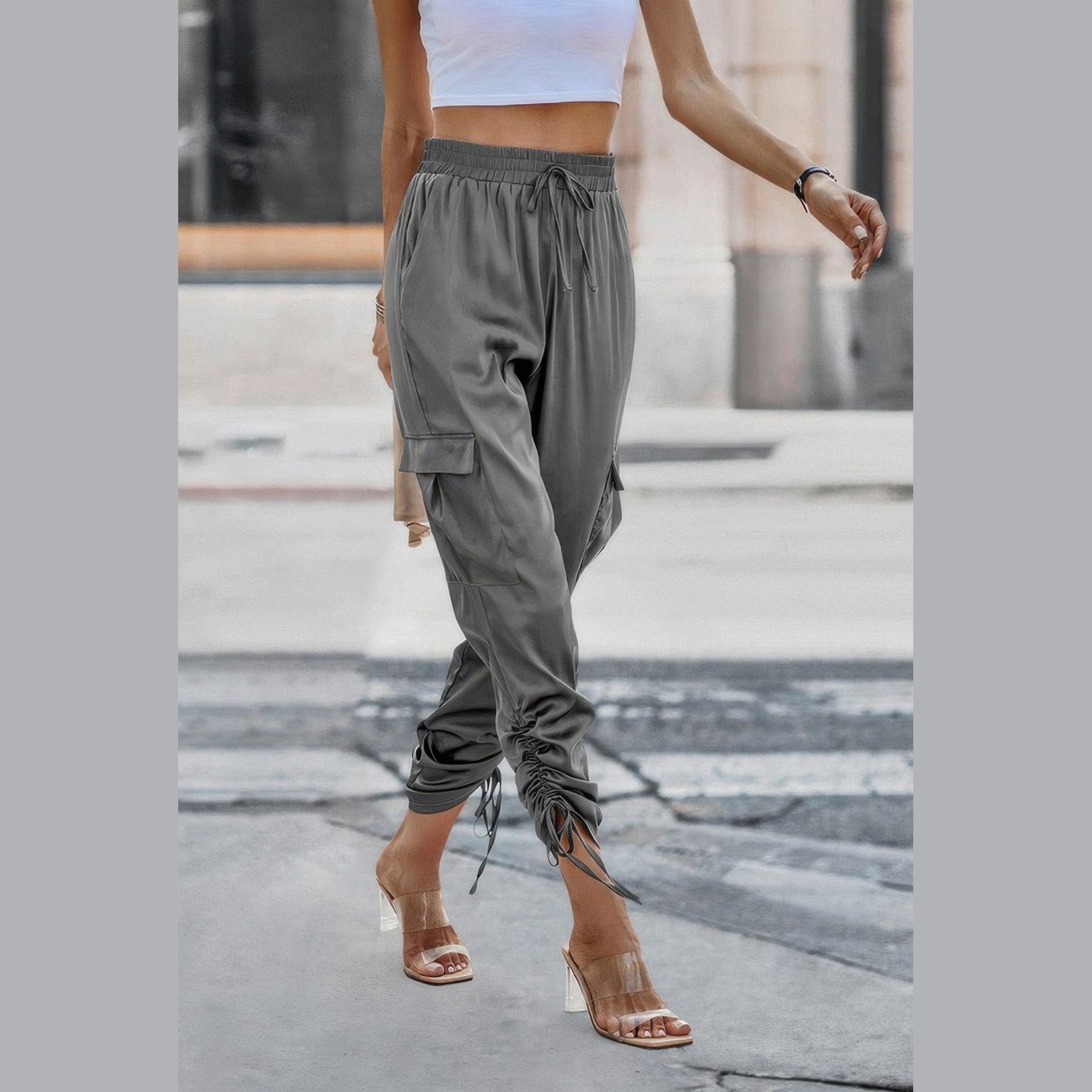 VacationGrabs women's solid drawstring hem streetwear pants in gray with cargo pockets stylish for casual wear