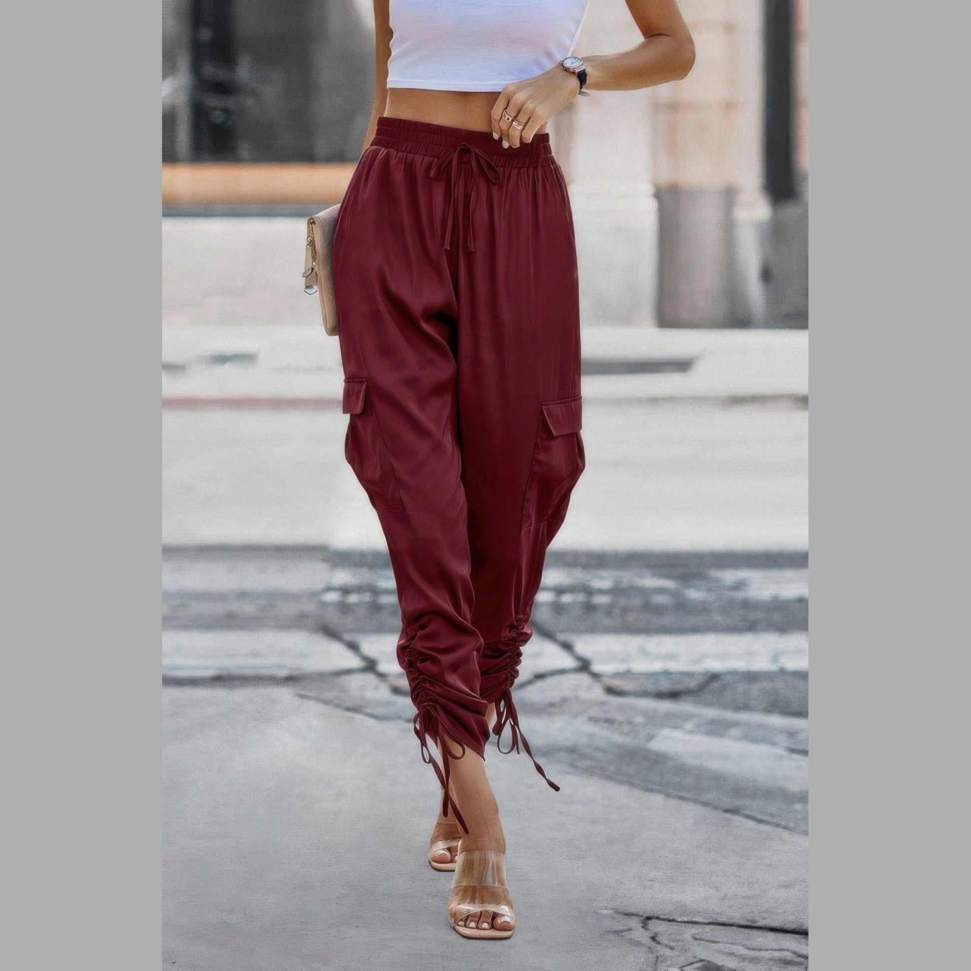 VacationGrabs women's solid drawstring hem streetwear pants in burgundy with pocket details
