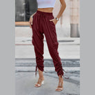 VacationGrabs women's solid drawstring hem streetwear pants in maroon with cargo pockets