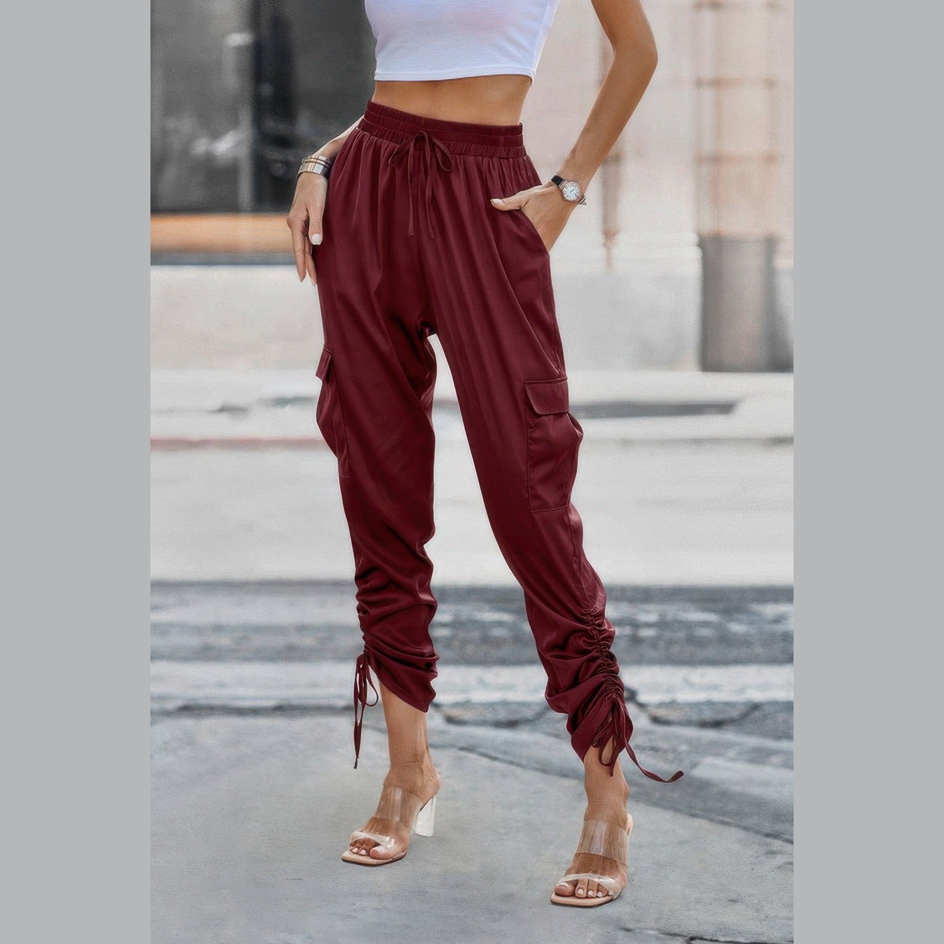VacationGrabs women's solid drawstring hem streetwear pants in maroon with cargo pockets