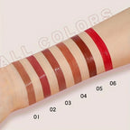 Variety of lip gloss swatches in different shades on skin