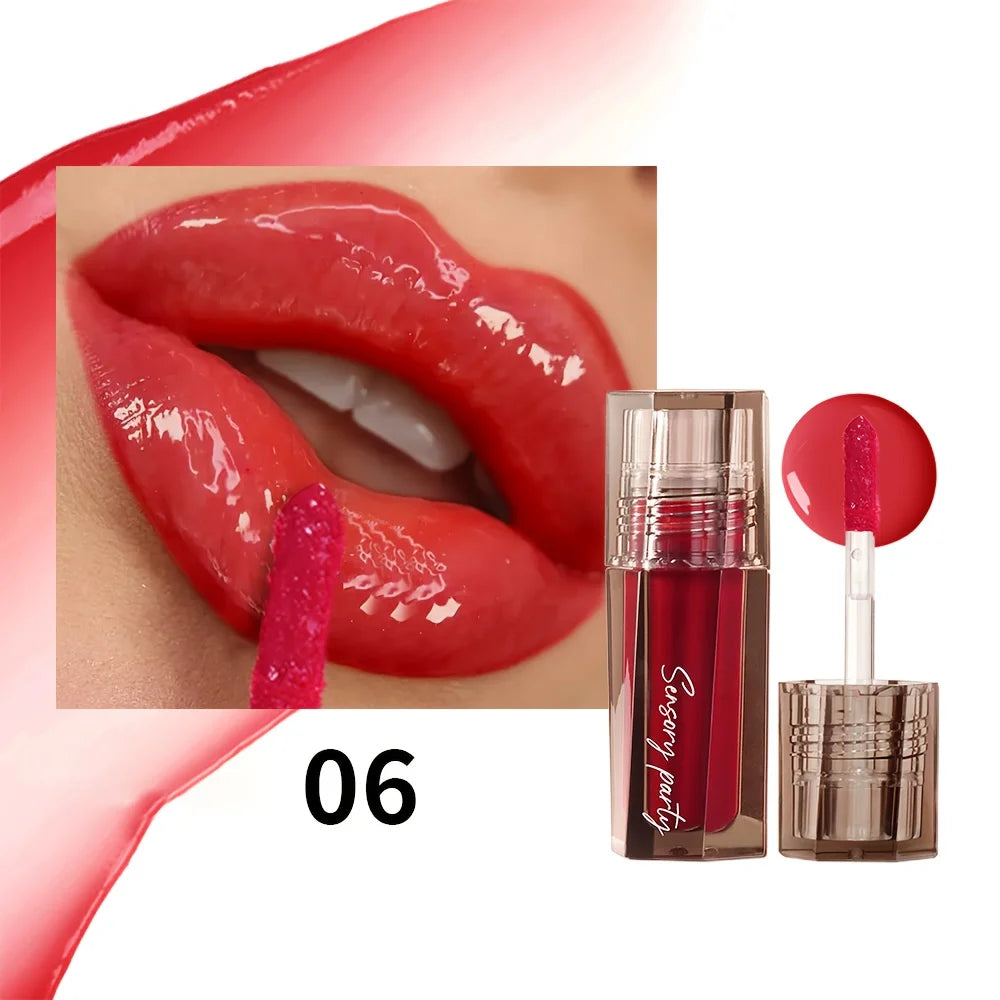 VacationsGrabs lip gloss in vibrant red for glossy lips