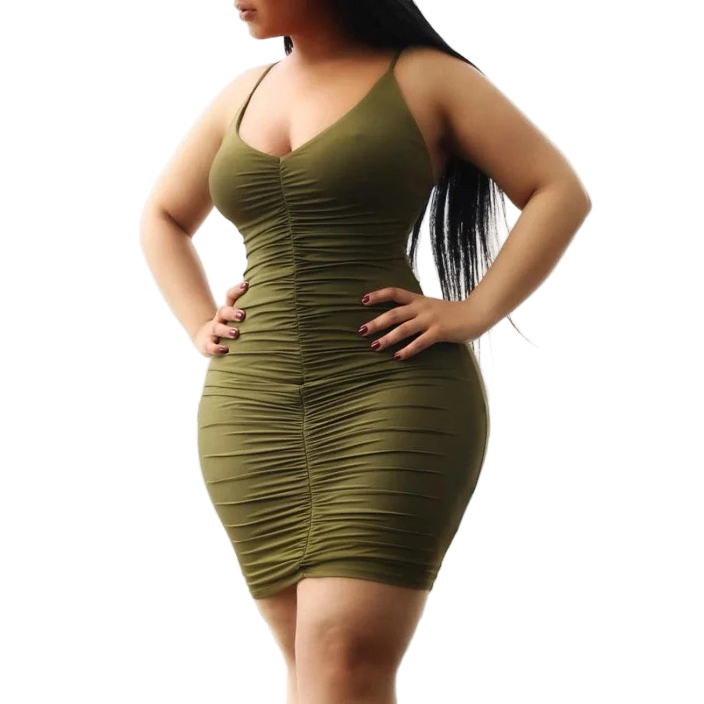 Olive green ruched spaghetti strap club dress for women worn by model with long black hair