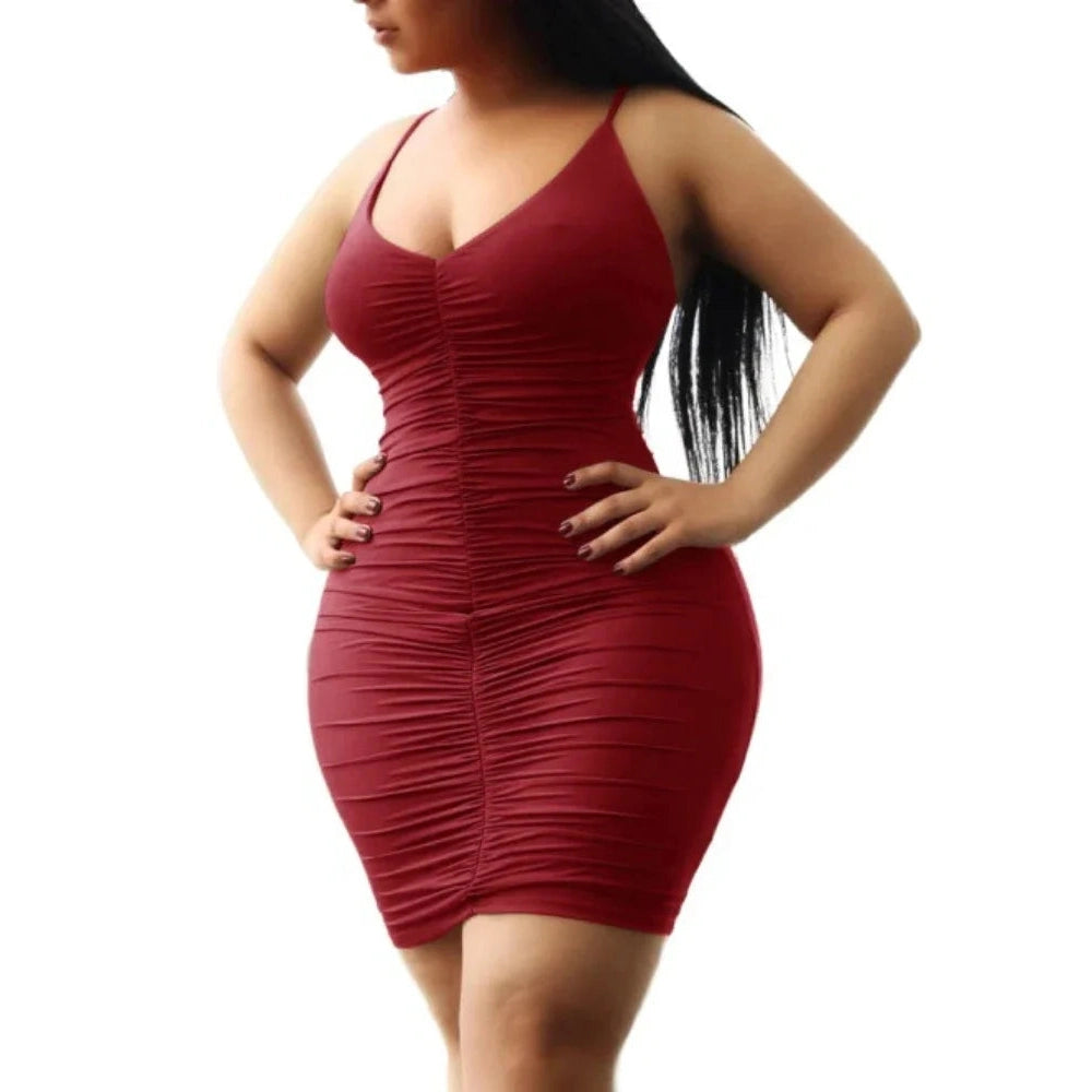 Red ruched spaghetti strap club dress for women with a fitted silhouette by VacationGrabs