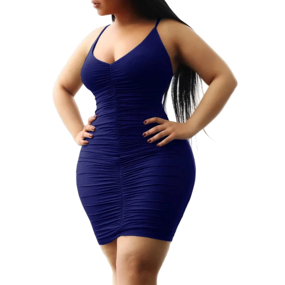 Navy blue ruched spaghetti strap club dress for women with fitted silhouette by VacationGrabs