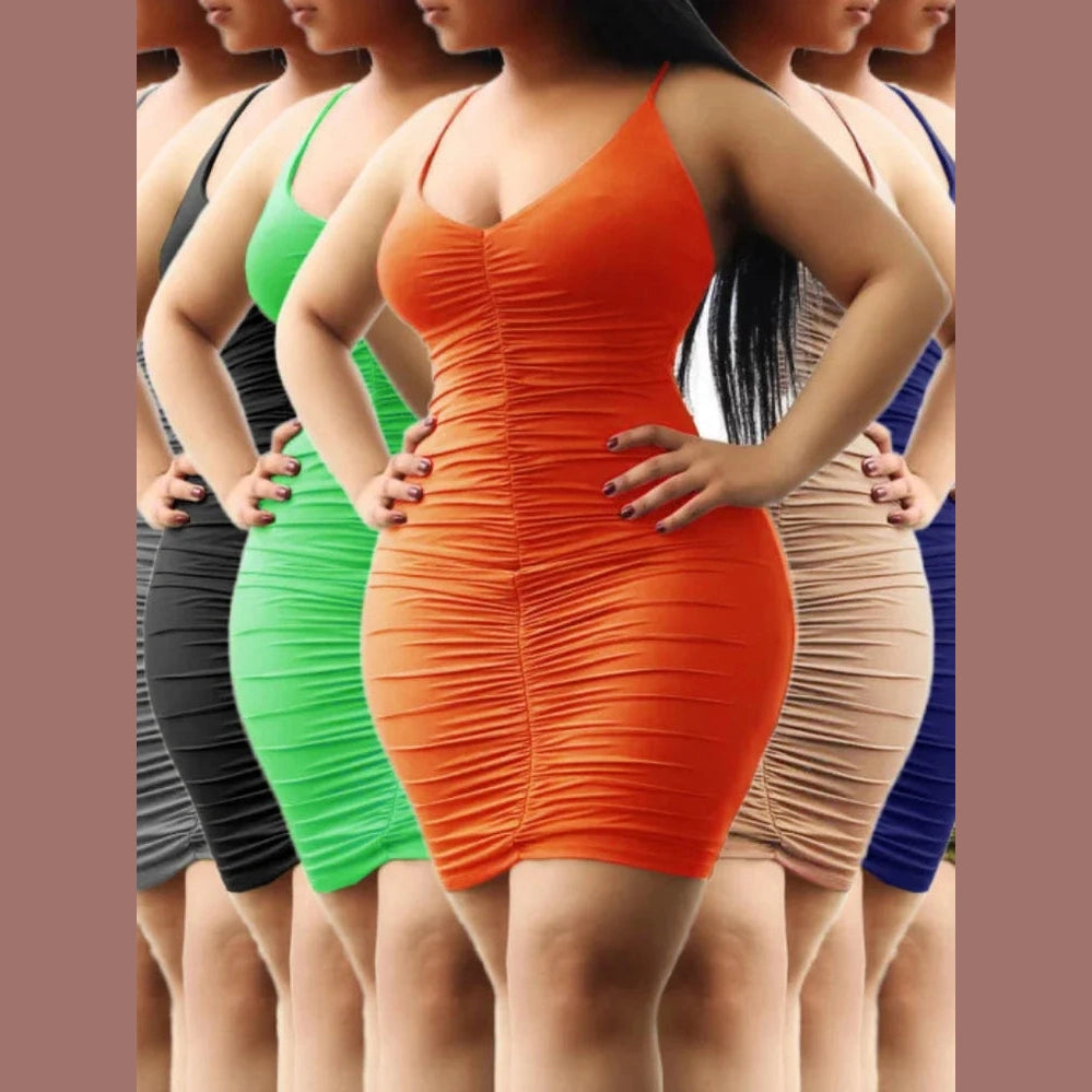 VacationGrabs spaghetti strap club dress for women in multiple colors with ruched bodycon fit