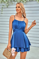 VacationGrabs spaghetti strap layered romper in blue with a flared skirt for stylish summer outings