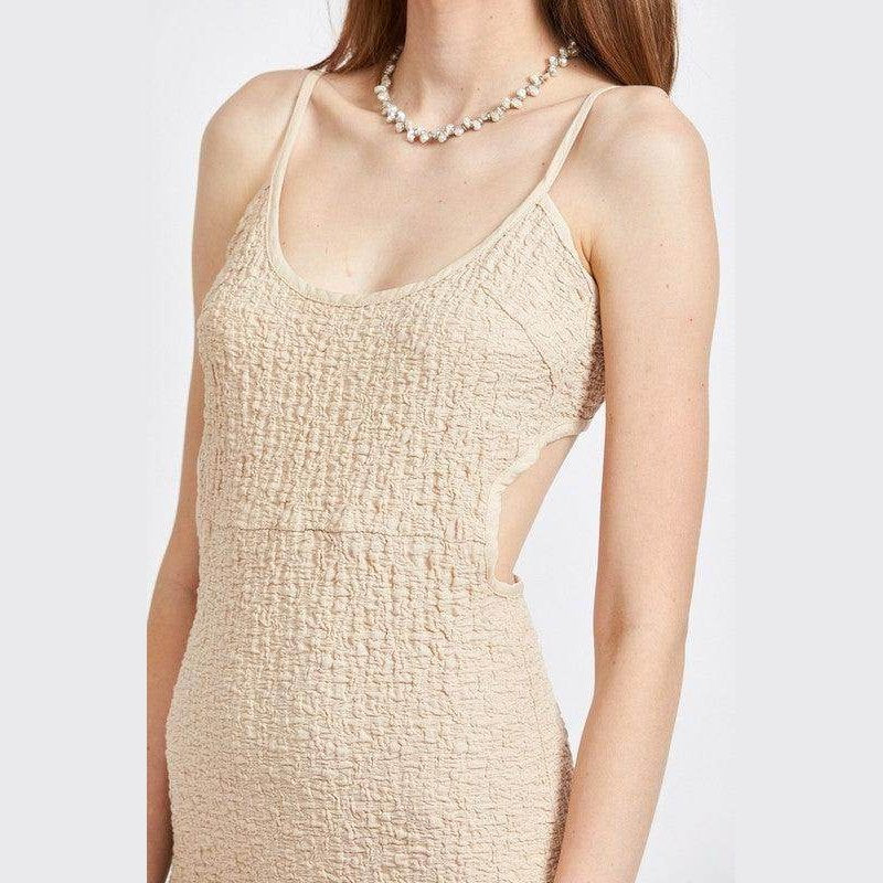 Emory Park spaghetti strap midi dress in beige with textured fabric and a stylish silhouette