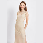 Emory Park Spaghetti Strap Midi Dress in Beige with a Chic Smocked Design and Side Slit