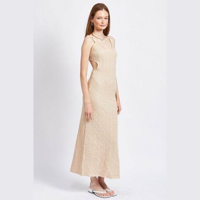 Emory Park spaghetti strap midi dress in beige with a stylish silhouette and open back design