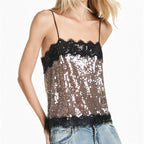 Black and silver sequined spaghetti strap tank top for stylish occasions