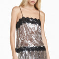 Women's spaghetti strap tank top in sequined champagne with lace trim