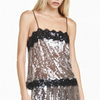 Women's spaghetti strap tank top in sequined champagne with lace trim