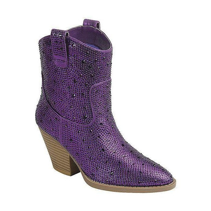 Sparkly purple womens boots with a stylish pointed toe and stacked heel for fashionable looks