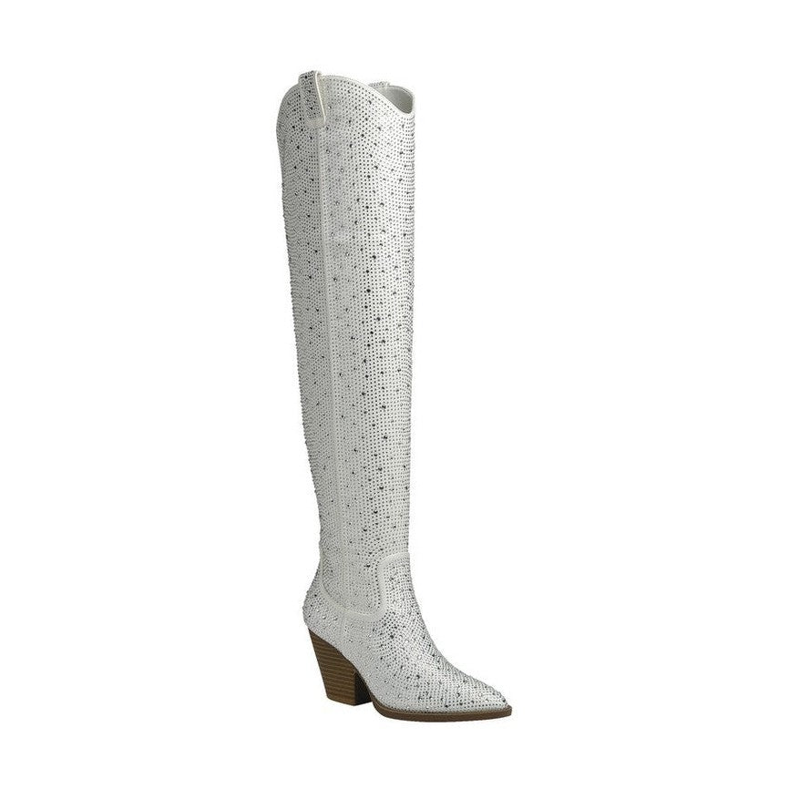 Let's See Style sparkly western boots for women in white with knee-high design and block heel