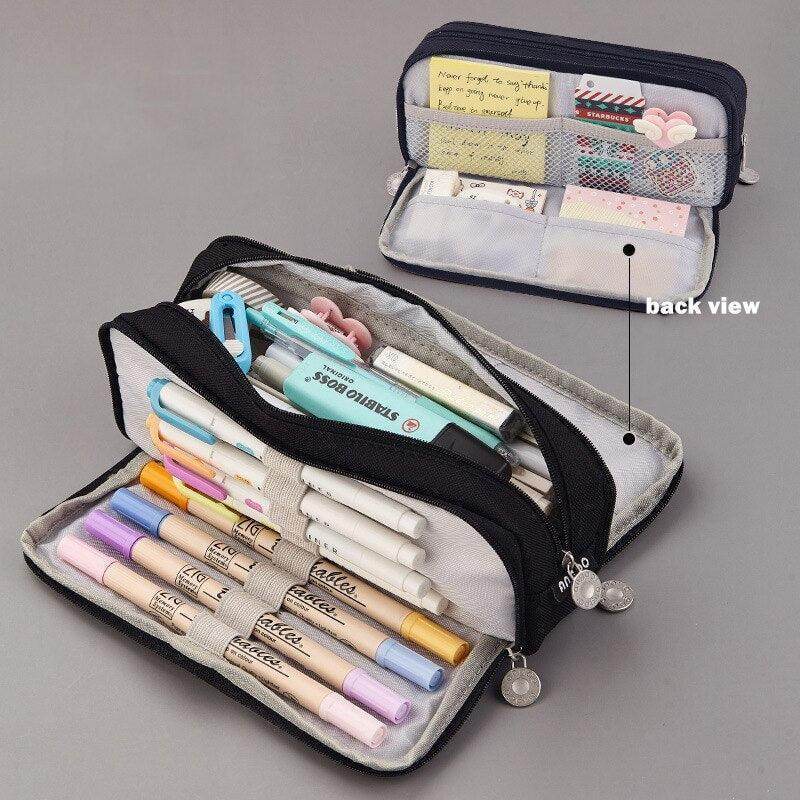 Dual side pencil case in black with organized compartments for pens and sticky notes