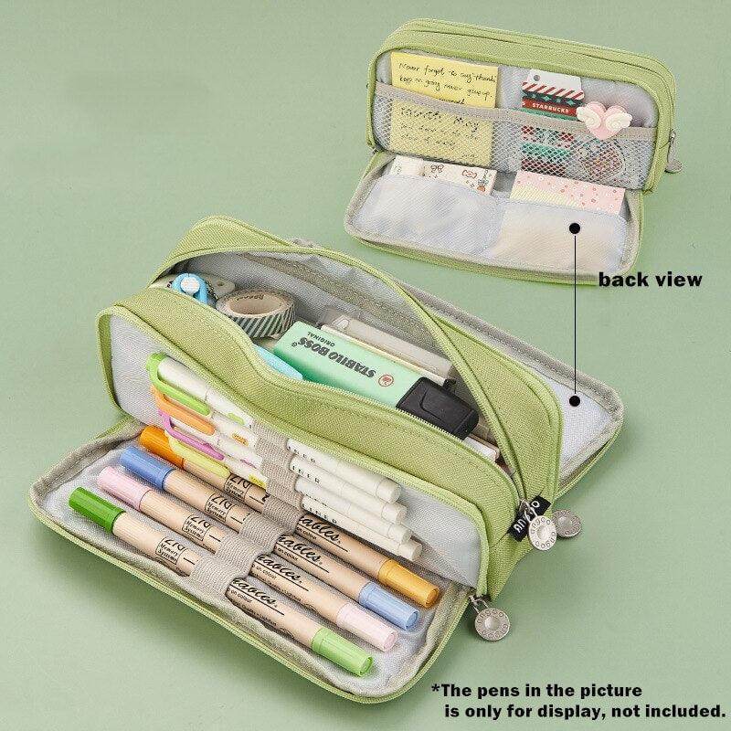 Green dual side pencil case with organized compartments for stationery and crafting supplies