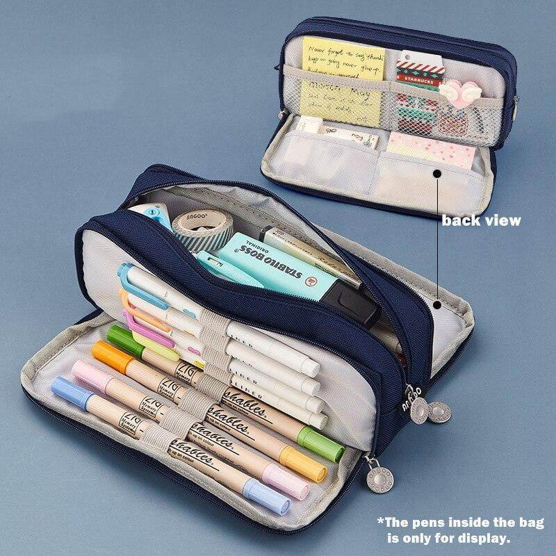 Blue dual side pencil case with multiple compartments for organizing stationery and art supplies