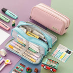VacationGrabs dual side pencil case in pink and blue with various markers and pens organized inside