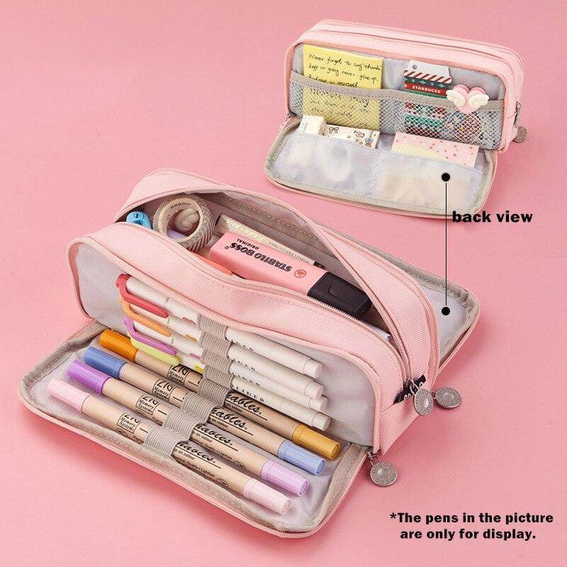 Pink dual side pencil case featuring multiple compartments for organizing stationery and art supplies