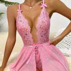Pink lace special occasion lingerie with bow details for romantic nights