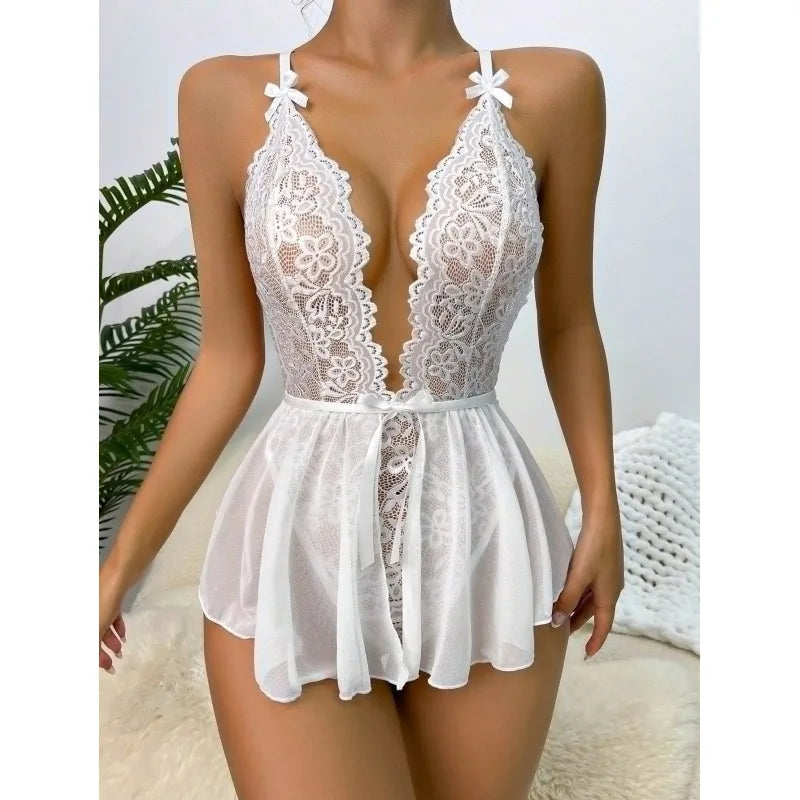 White lace special occasion lingerie with adjustable straps and ruffled hem
