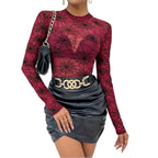 Trendsi women's spider web print blouse in burgundy with sheer long sleeves and stylish design