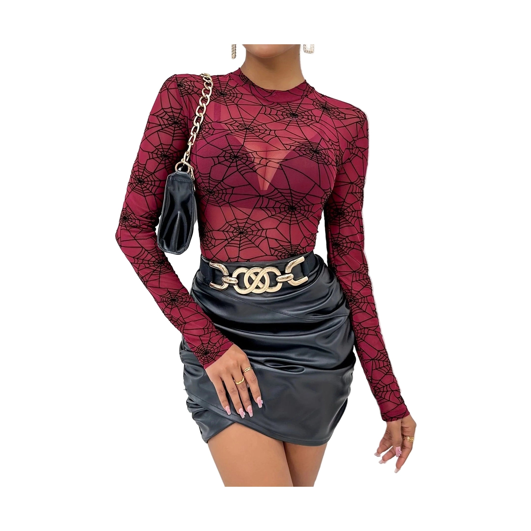 Trendsi women's spider web print blouse in burgundy with sheer long sleeves and stylish design